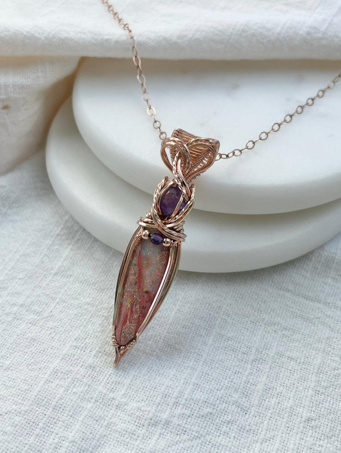 10 CT Australian Pipe Opal, Amethyst Necklace in 14k Rose Gold Filled