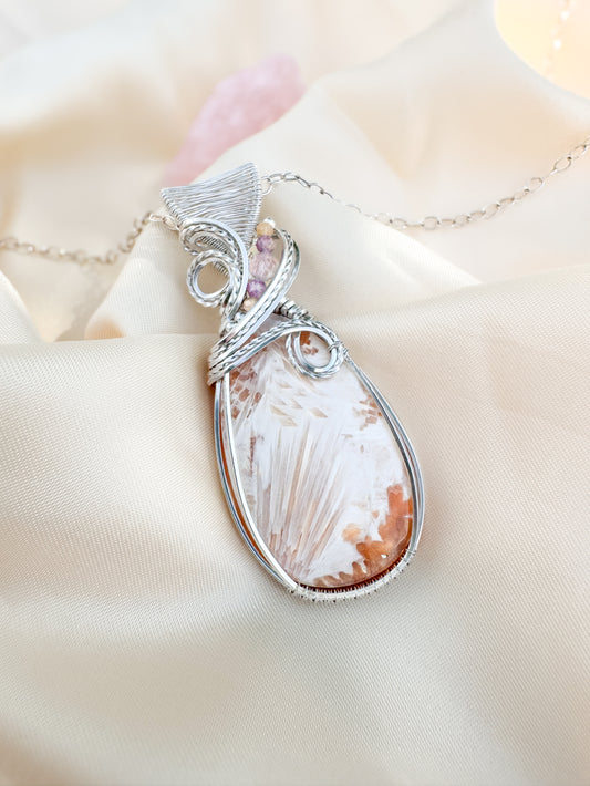 Peach Scolecite, Peach Moonstone, Purple Mica & Morganite Necklace