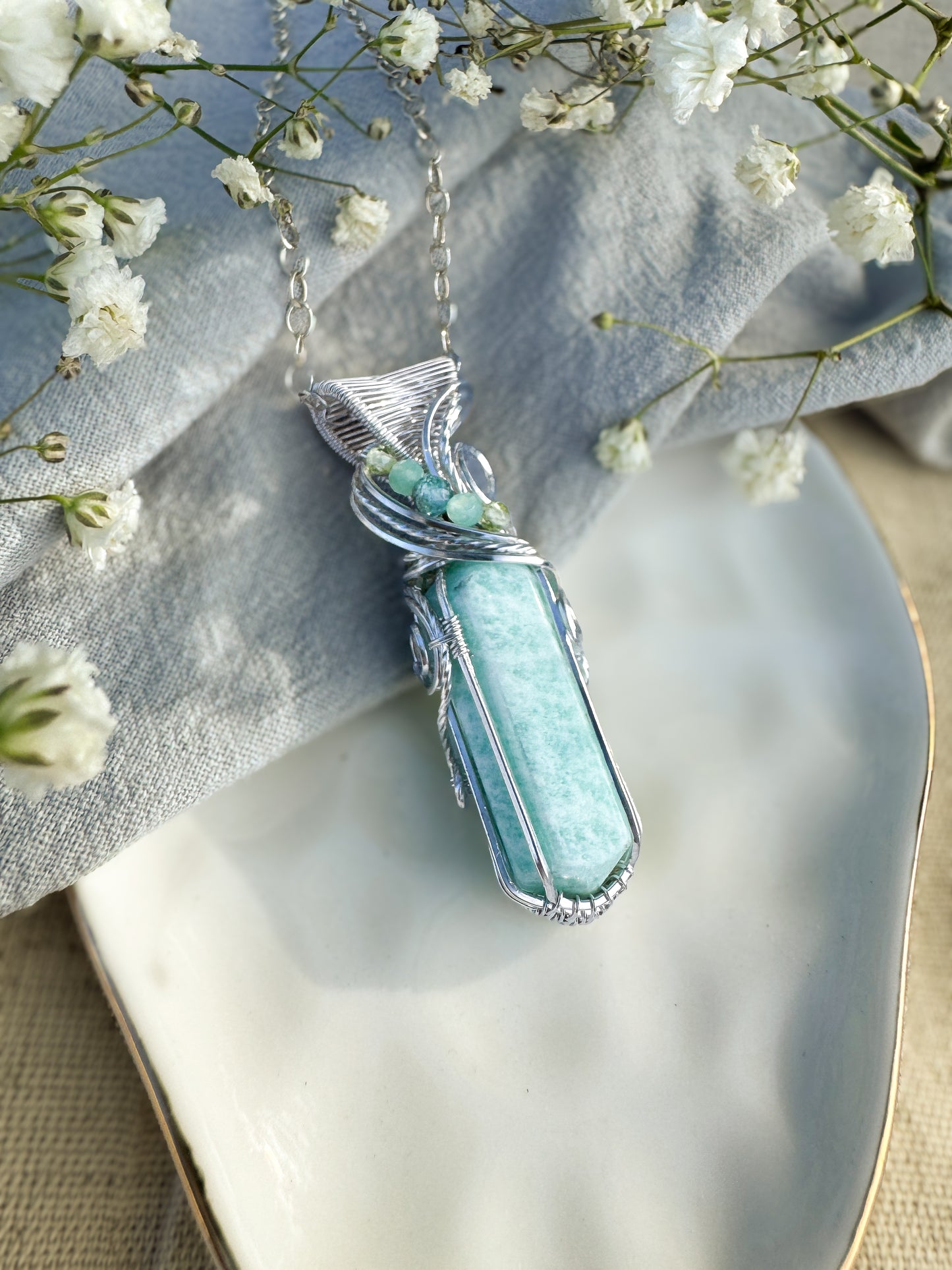 Amazonite Double Terminated Point, Peridot, Aqua Apatite & Chrysoprase Necklace