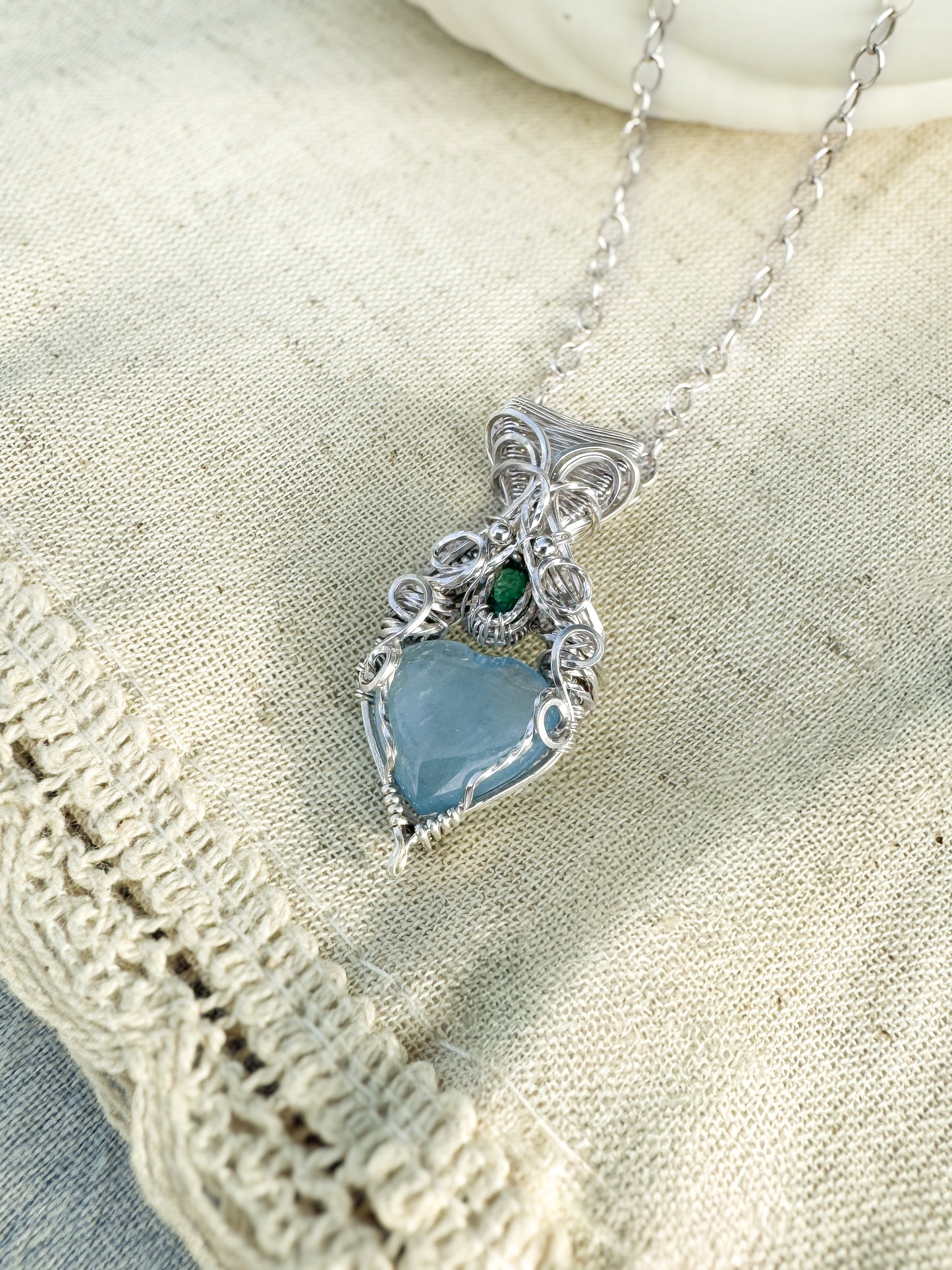 Aquamarine Heart & Emerald Necklace