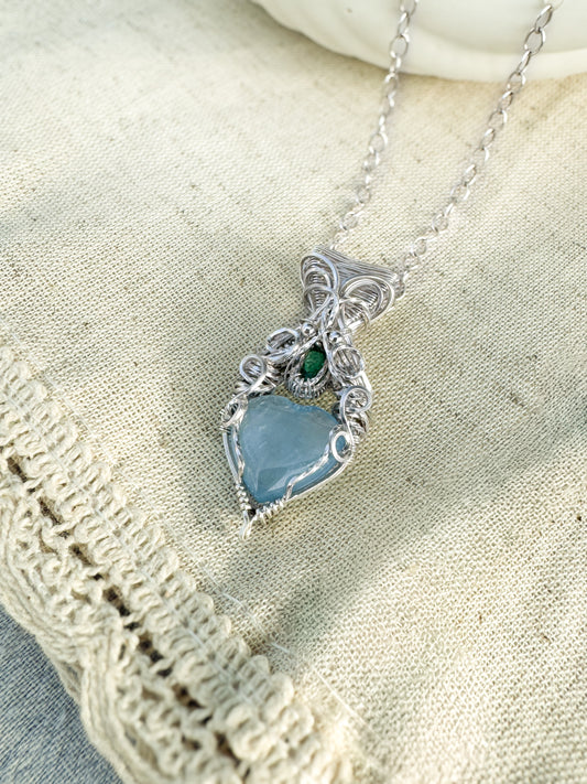 Aquamarine Heart & Emerald Necklace