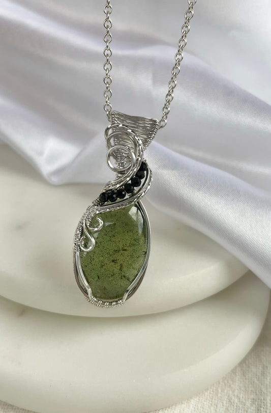 Rare Moldavite (from the Czech Republic), Black Onyx Necklace in 0.925 Sterling Silver
