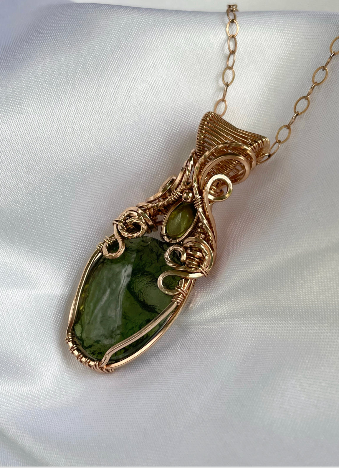 Rare Moldavite (from the Czech Republic), Peridot Necklace in 14k Rose Gold Filled