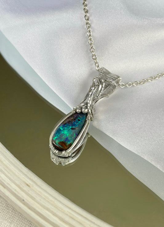 6.8 CT Australian Boulder Opal Necklace in Argentium Silver