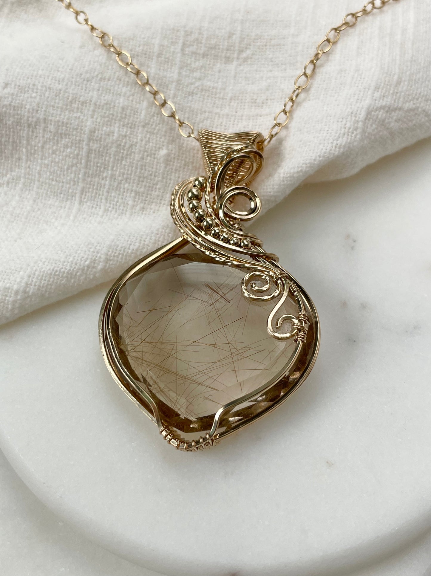 High Quality, Faceted Rutilated Smoky Quartz Necklace in 14k Gold Filled