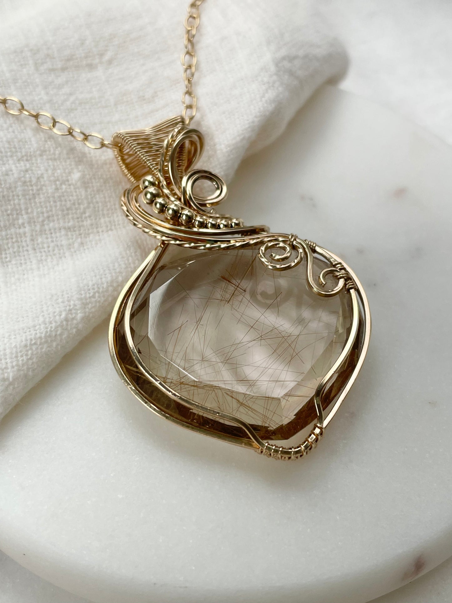 High Quality, Faceted Rutilated Smoky Quartz Necklace in 14k Gold Filled