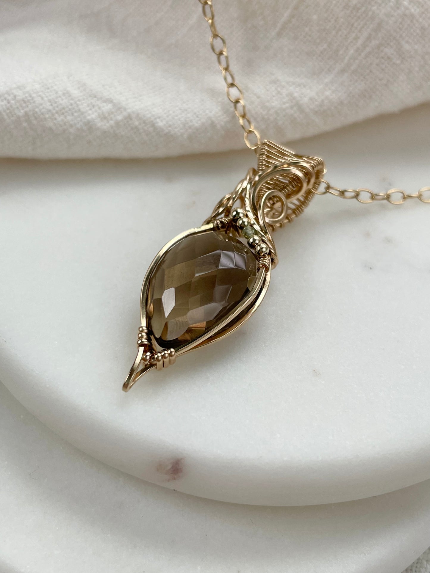 Faceted Smoky Quartz, Peridot Necklace in 14k Gold Filled