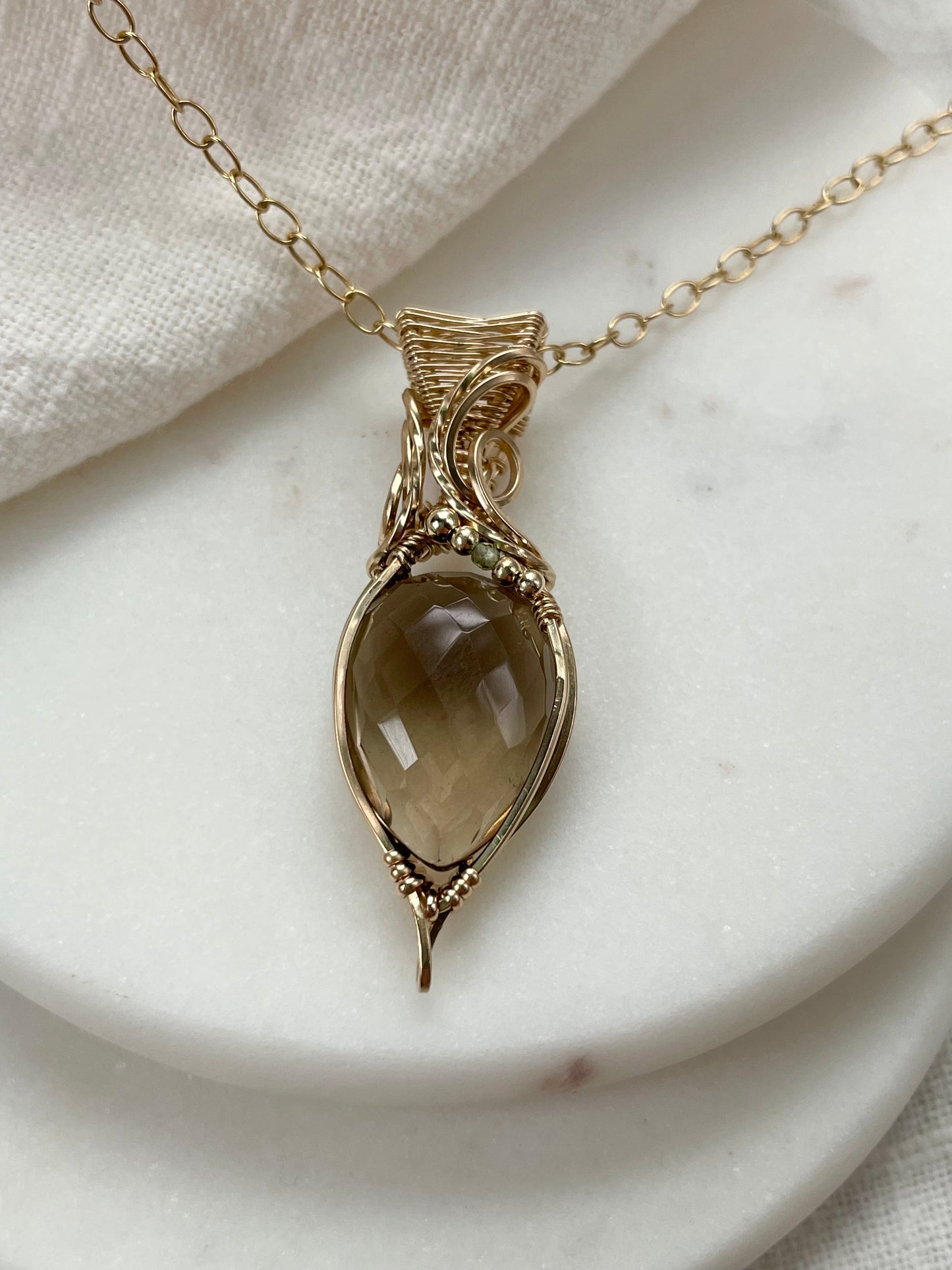 Faceted Smoky Quartz, Peridot Necklace in 14k Gold Filled