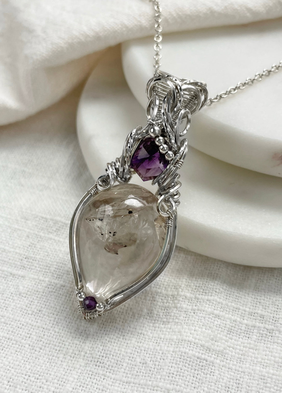 Rare Enhydro Quartz, Amethyst Necklace in 0.925 Sterling Silver