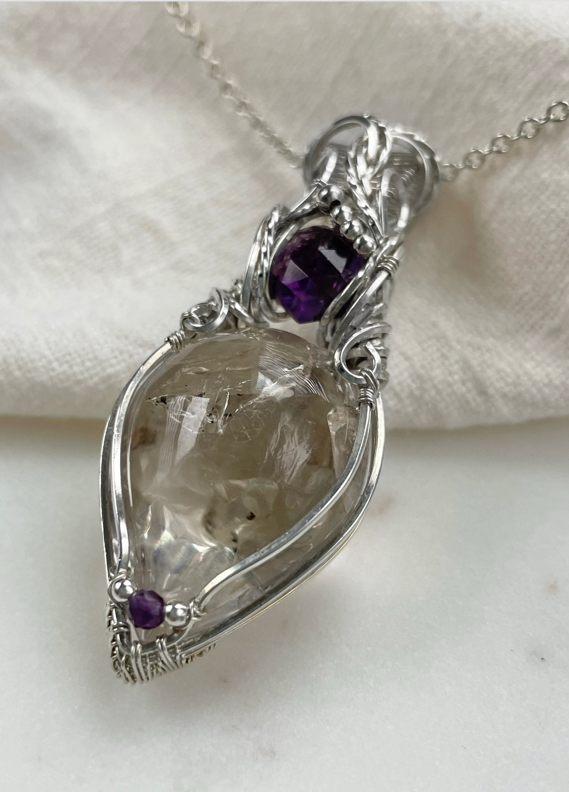 Rare Enhydro Quartz, Amethyst Necklace in 0.925 Sterling Silver