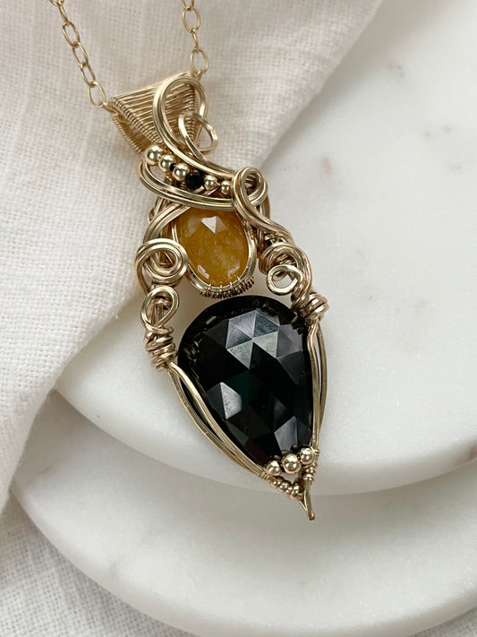 Black Spinel, Natural Yellow Sapphire, Black Onyx Necklace in 14k Gold Filled