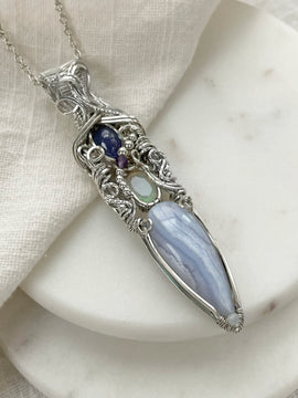 Blue Lace Agate, Opal, Tanzanite, Aquamarine, Amethyst Necklace in 0.925 Sterling Silver