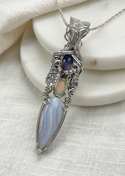 Blue Lace Agate, Opal, Tanzanite, Aquamarine, Amethyst Necklace in 0.925 Sterling Silver