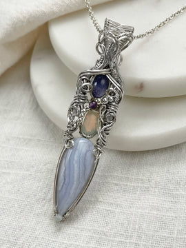 Blue Lace Agate, Opal, Tanzanite, Aquamarine, Amethyst Necklace in 0.925 Sterling Silver