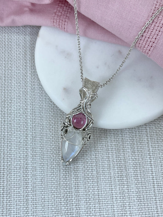 Moonstone & Pink Tourmaline Necklace in 0.925 Sterling Silver