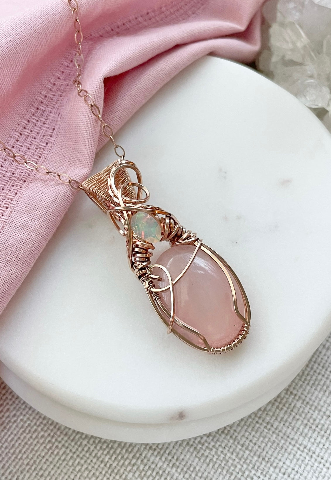 Rose Quartz & Opal Necklace in 14k Rose Gold Filled