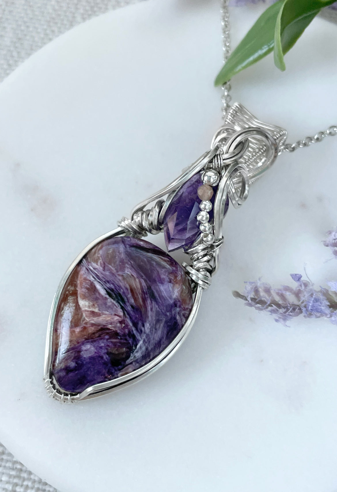 Charoite, Amethyst & Peach Moonstone Necklace in 0.925 Sterling Silver