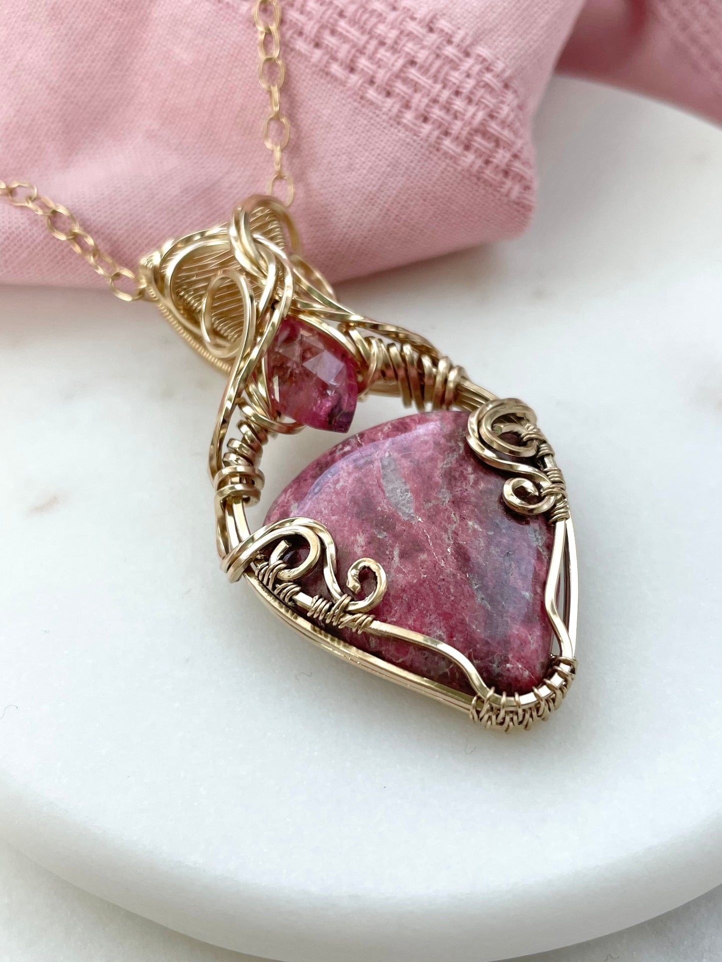 Thulite & Pink Tourmaline Necklace in 14k Gold Filled