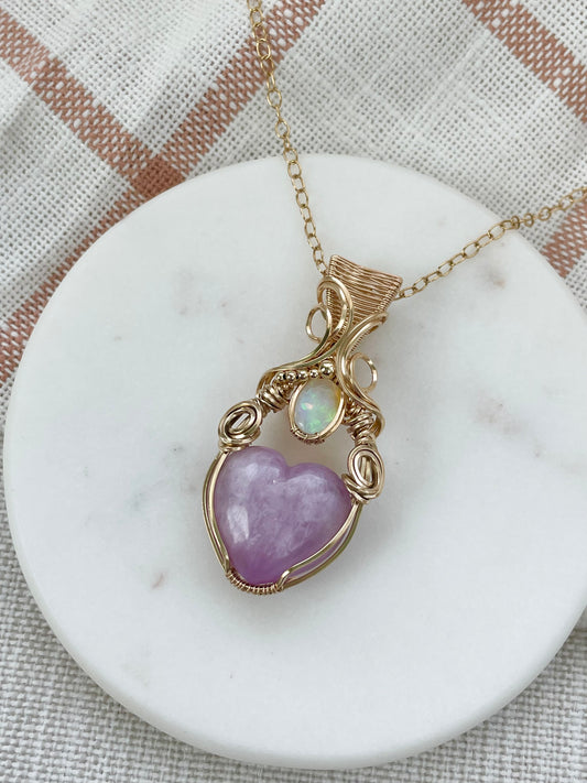 Kunzite Heart & Opal Necklace in 14k Gold Filled