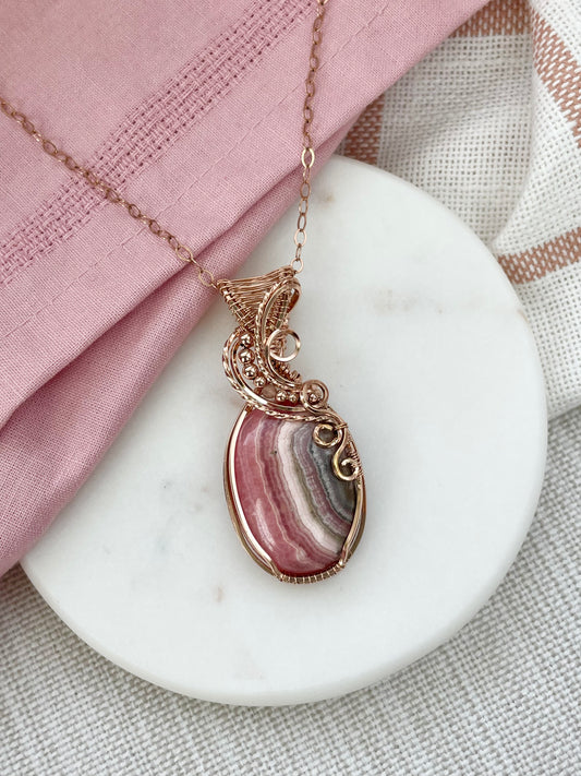 Rhodochrosite & Peach Moonstone Necklace in 14k Rose Gold Filled