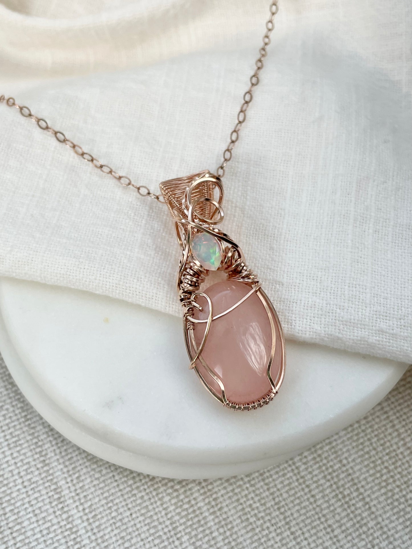 Rose Quartz & Opal Necklace in 14k Rose Gold Filled