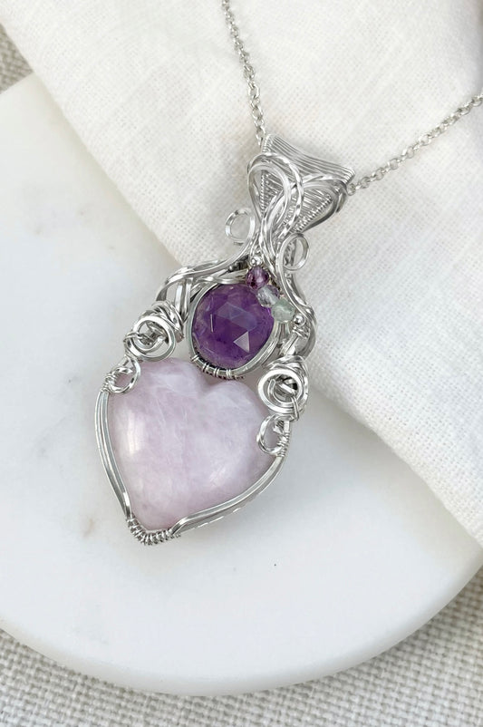 Kunzite Heart, Amethyst & Fluorite Necklace in Argentium Silver