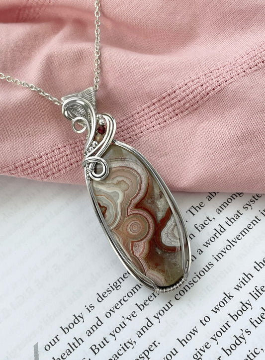 Crazy Lace Agate, Garnet, Peach Moonstone Statement Necklace in Argentium Silver