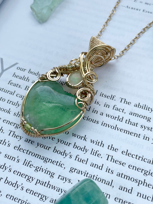 Fluorite heart, Opal & Peridot Necklace in 14k Gold Filled