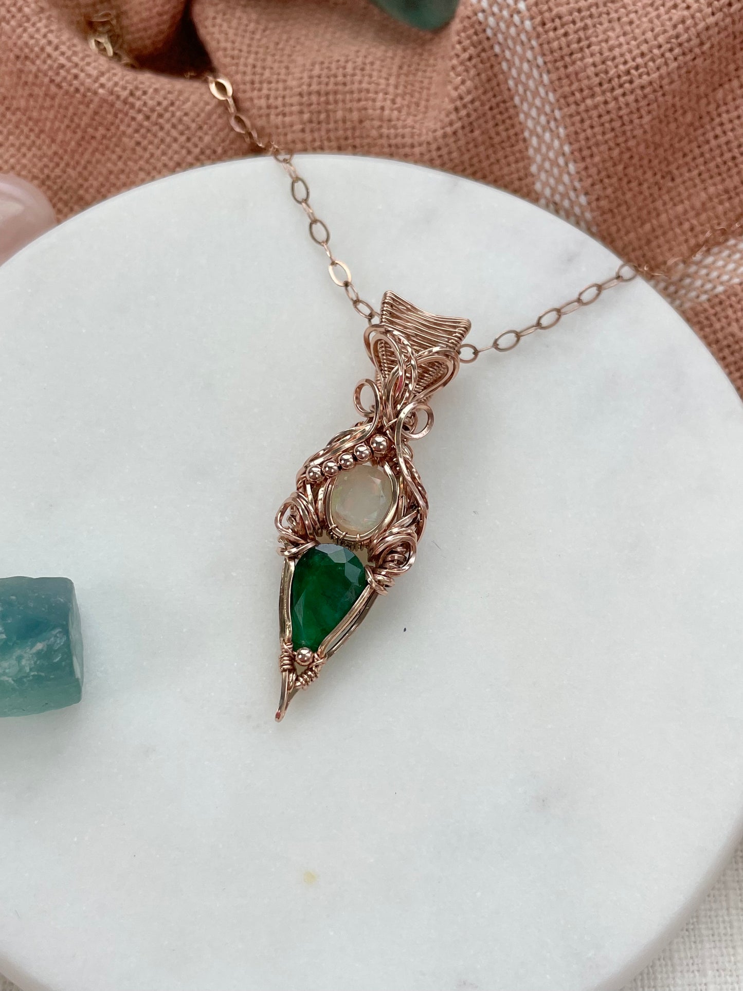 Emerald & Opal Necklace in 14k rose gold filled