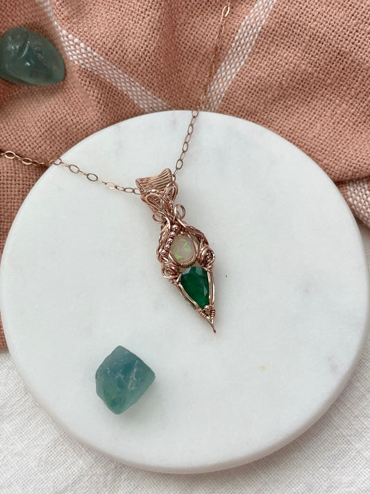 Emerald & Opal Necklace in 14k rose gold filled