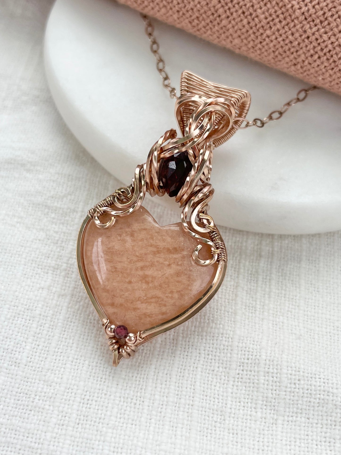 Peach Amazonite & Garnet Necklace in 14k Rose Gold Filled