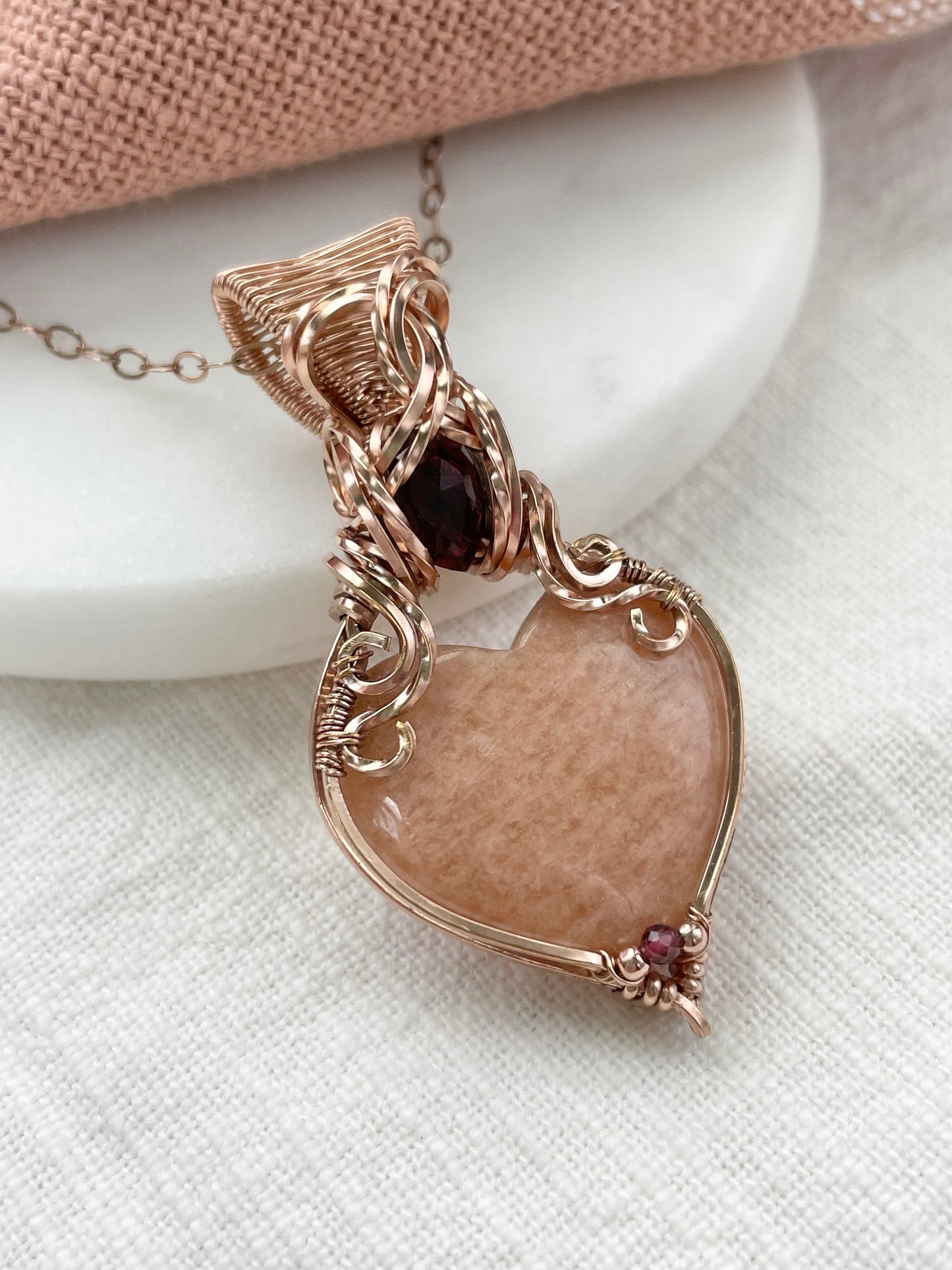 Peach Amazonite & Garnet Necklace in 14k Rose Gold Filled