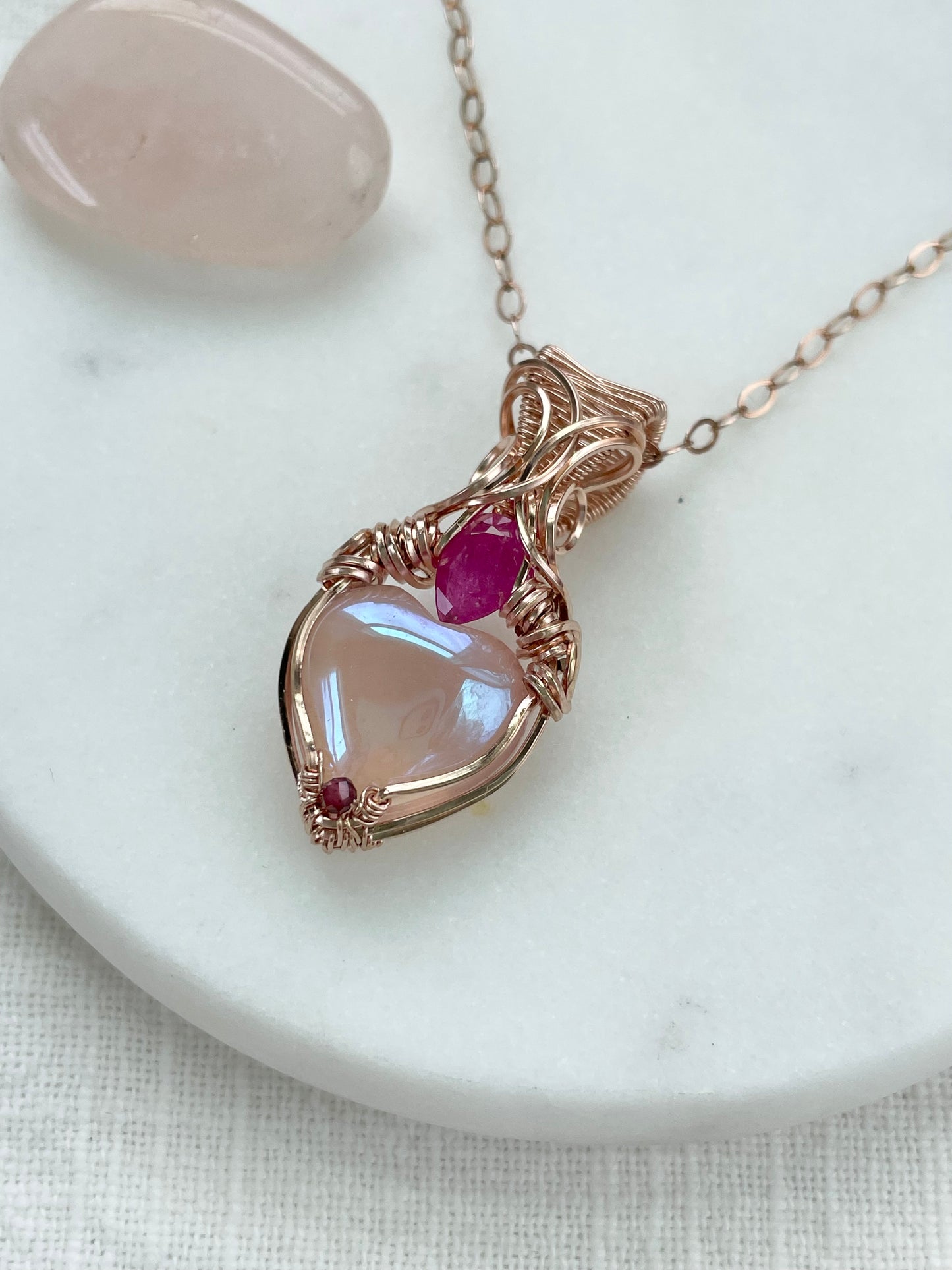 Angel Aura Rose Quartz, Ruby, & Garnet Necklace in 14k Rose Gold Filled