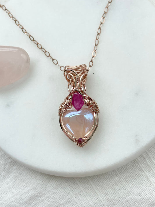 Angel Aura Rose Quartz, Ruby, & Garnet Necklace in 14k Rose Gold Filled