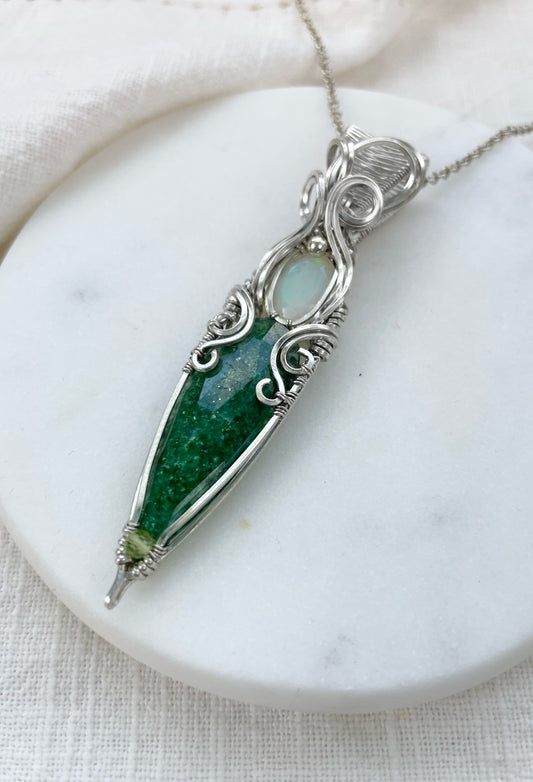 Faceted Green Aventurine, Opal & Peridot Necklace in Argentium Silver