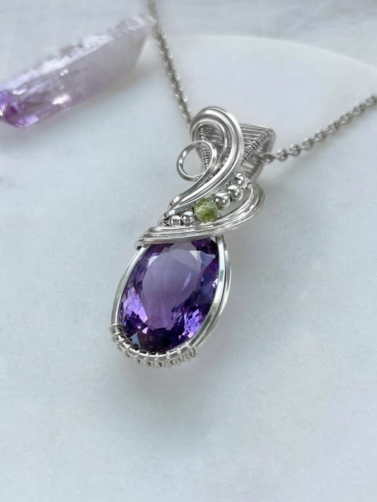 Faceted Amethyst & Peridot Necklace in 0.925 Sterling Silver