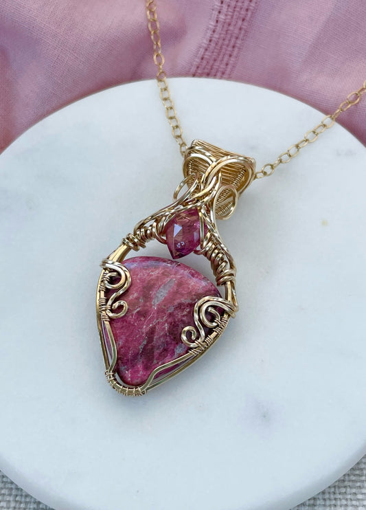 Thulite & Pink Tourmaline Necklace in 14k Gold Filled