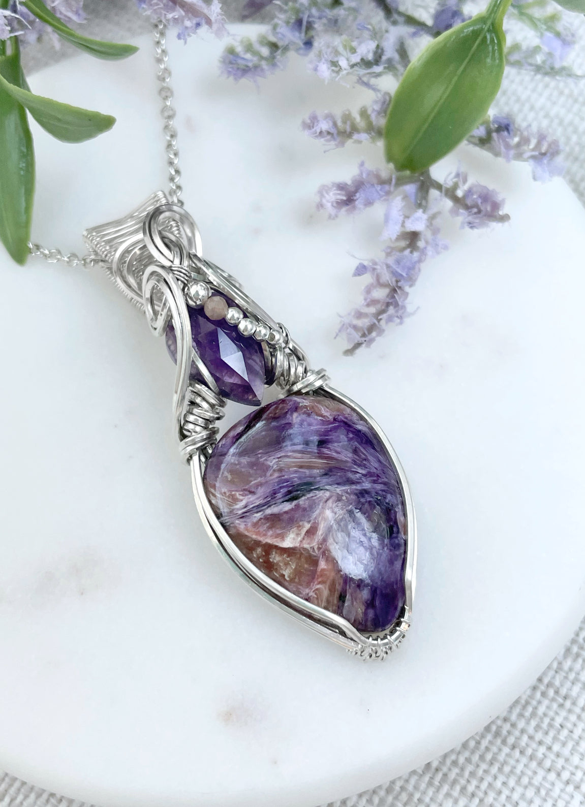 Charoite, Amethyst & Peach Moonstone Necklace in 0.925 Sterling Silver