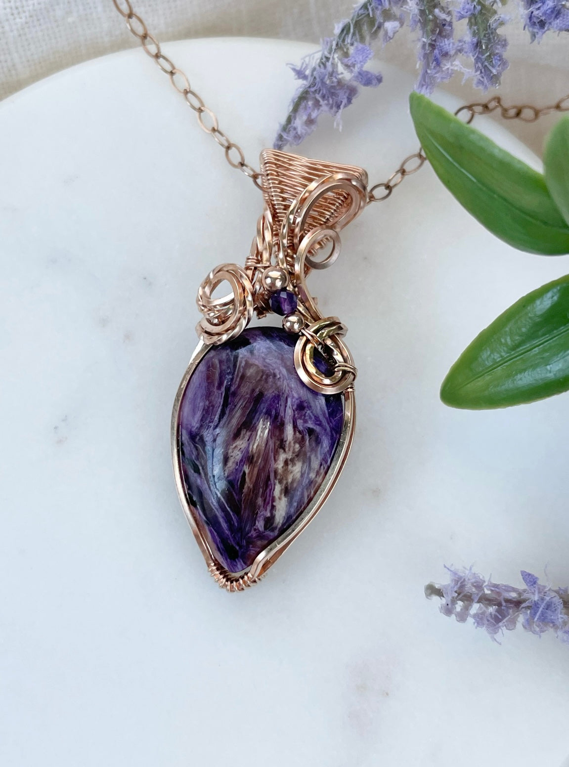 Charoite & Amethyst Necklace in 14k Rose Gold Filled