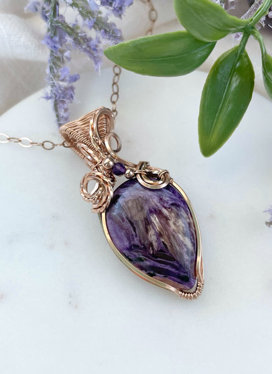 Charoite & Amethyst Necklace in 14k Rose Gold Filled