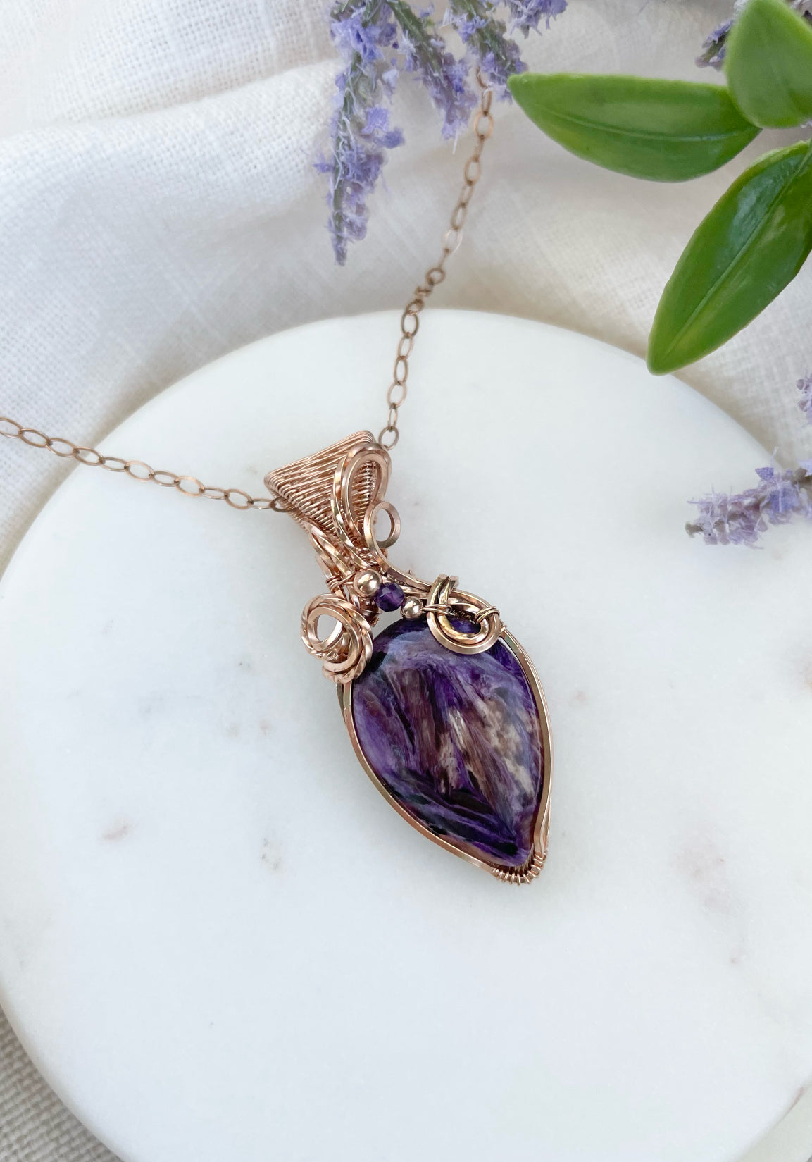 Charoite & Amethyst Necklace in 14k Rose Gold Filled