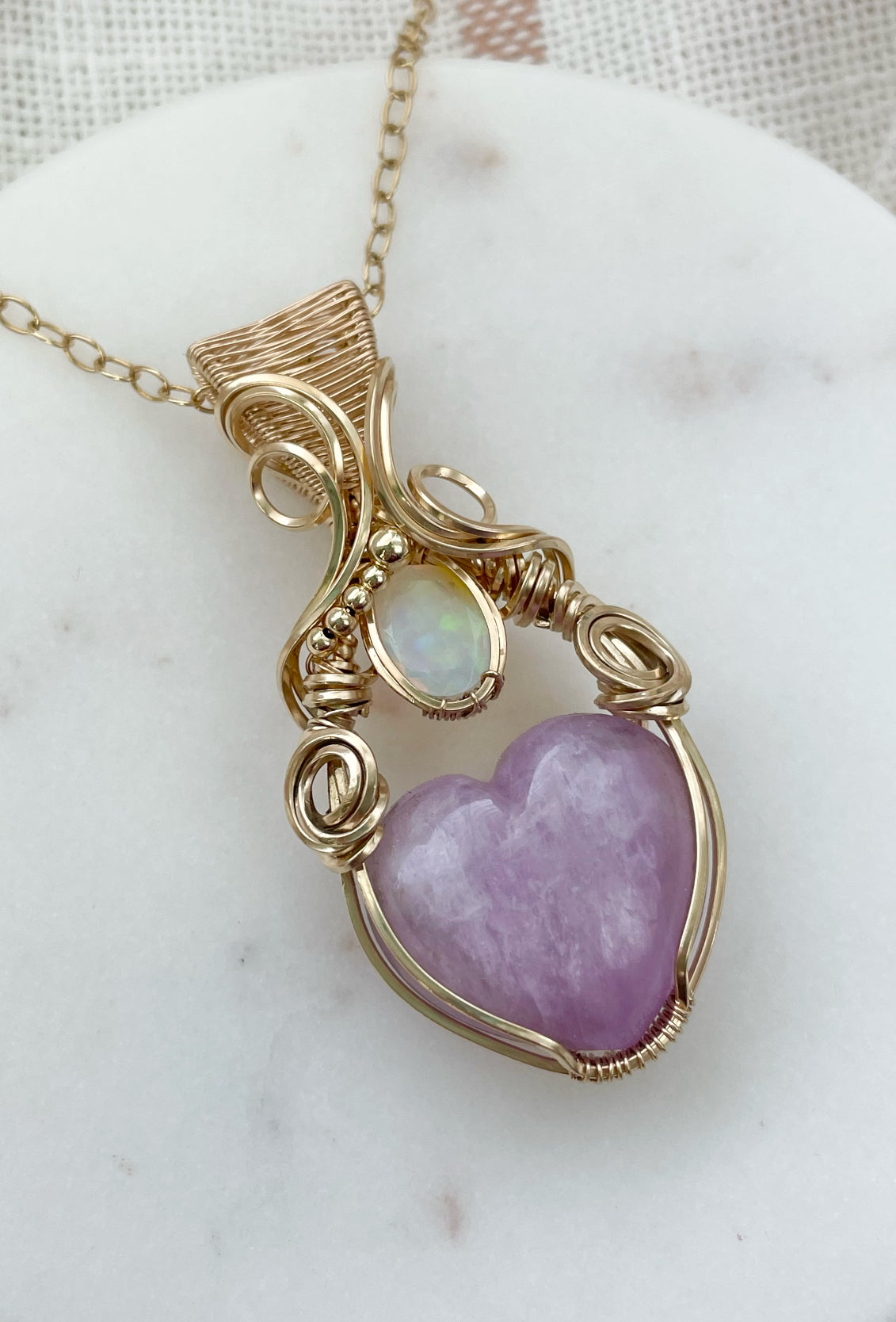 Kunzite Heart & Opal Necklace in 14k Gold Filled