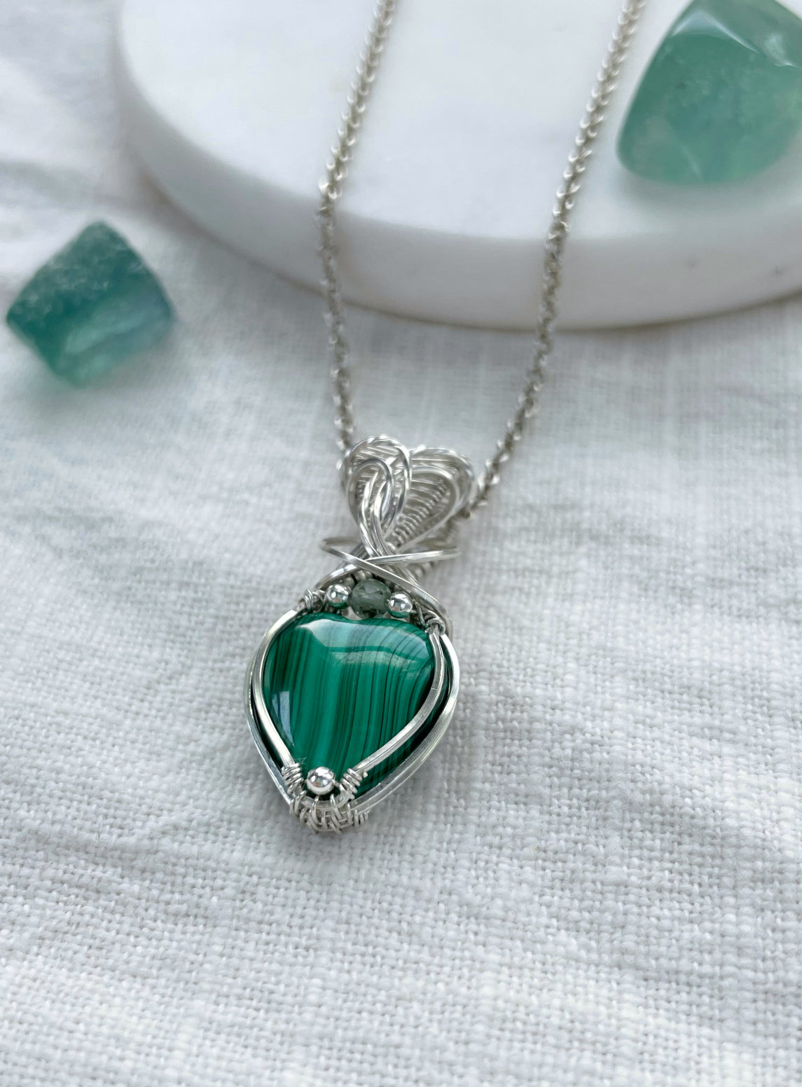 Malachite Heart & Fluorite Necklace in 0.925 Sterling Silver