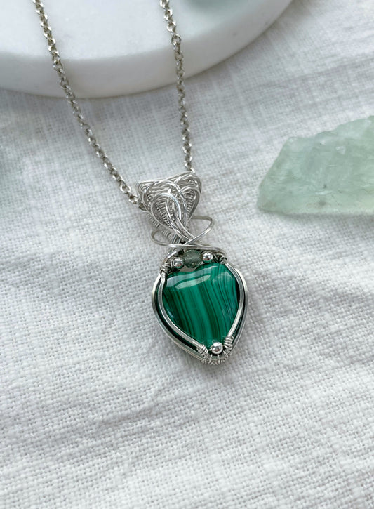 Malachite Heart & Fluorite Necklace in 0.925 Sterling Silver