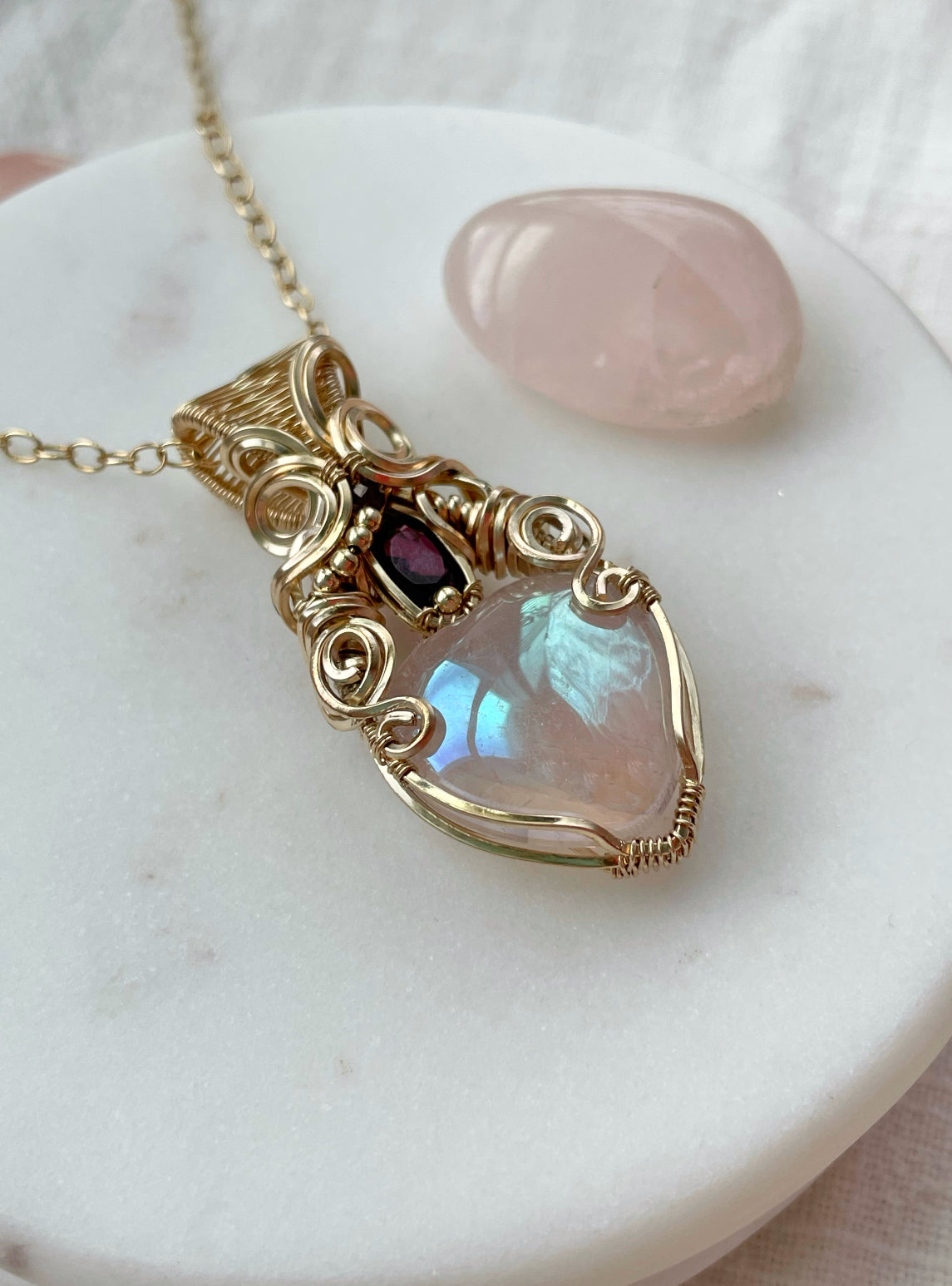 Angel Aura Rose Quartz, Rhodolite Garnet & Red Garnet Necklace in 14k Gold Filled