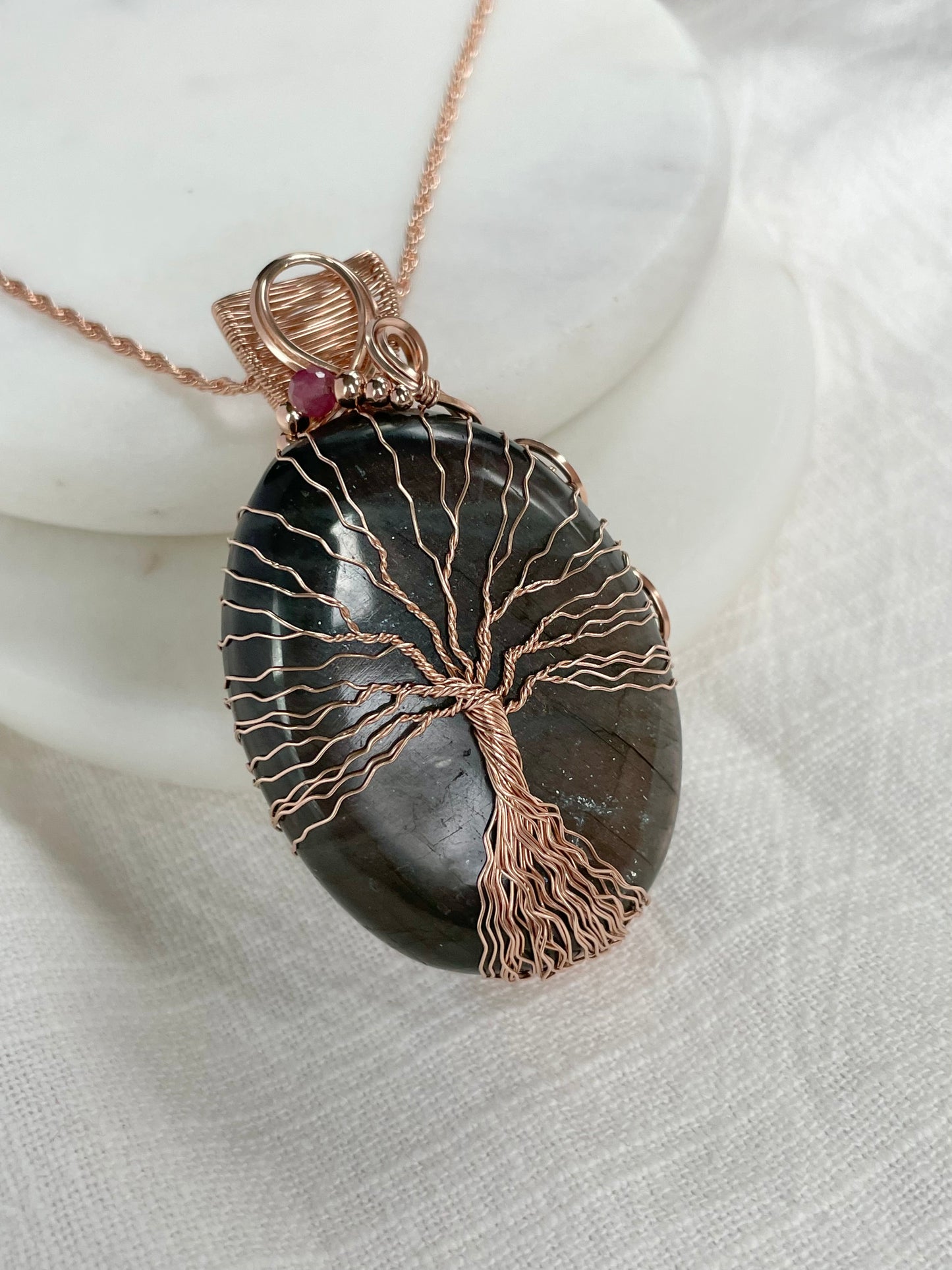 Labradorite & Pink Tourmaline Tree of Life Necklace in 14k Rose Gold Filled