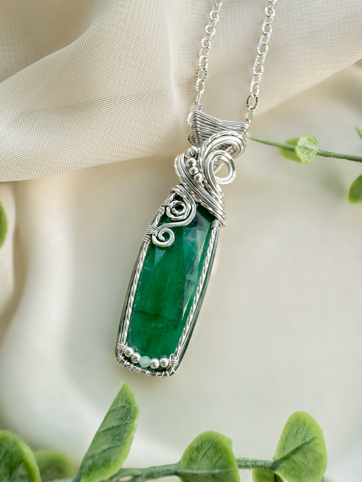 Brazilian Emerald, & Chrysoprase Necklace in 0.925 Sterling Silver