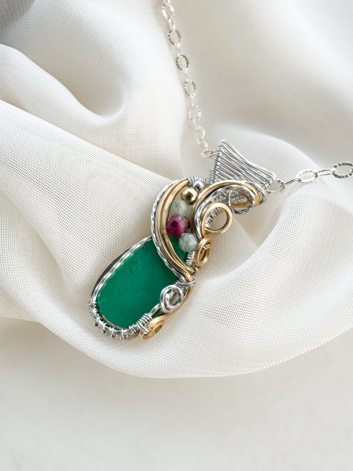 Rare Chrysoprase (From Tanzania), Aqua Kyanite & Rubellite Necklace in Mixed Metals (Argentium Silver & 14k Gold Filled)
