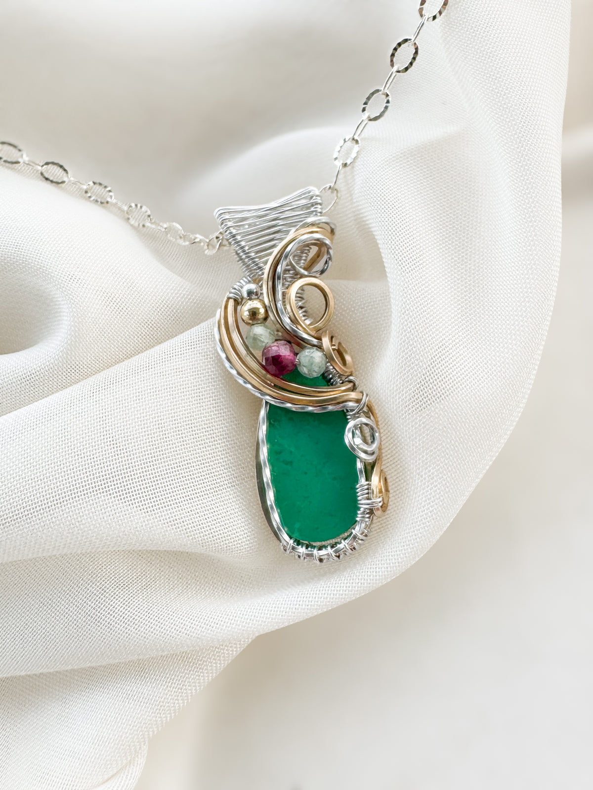 Rare Chrysoprase (From Tanzania), Aqua Kyanite & Rubellite Necklace in Mixed Metals (Argentium Silver & 14k Gold Filled)