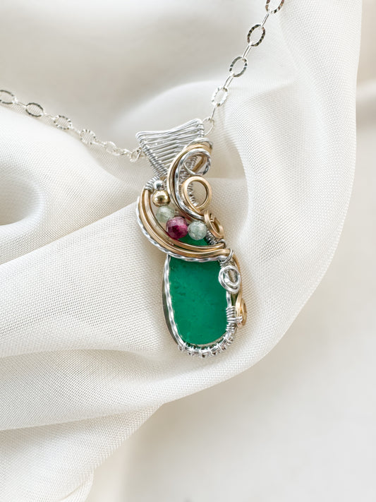 Rare Chrysoprase (From Tanzania), Aqua Kyanite & Rubellite Necklace in Mixed Metals (Argentium Silver & 14k Gold Filled)